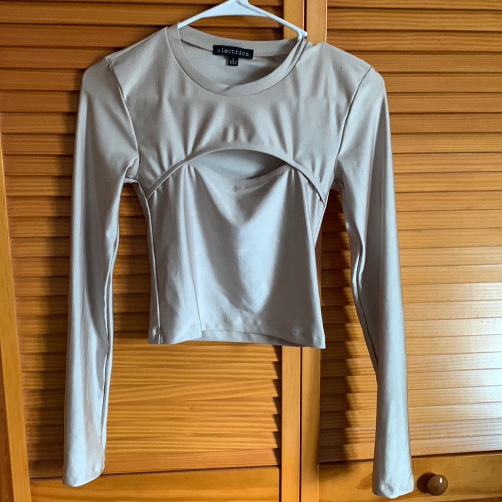 Tan silky long sleeve, size small